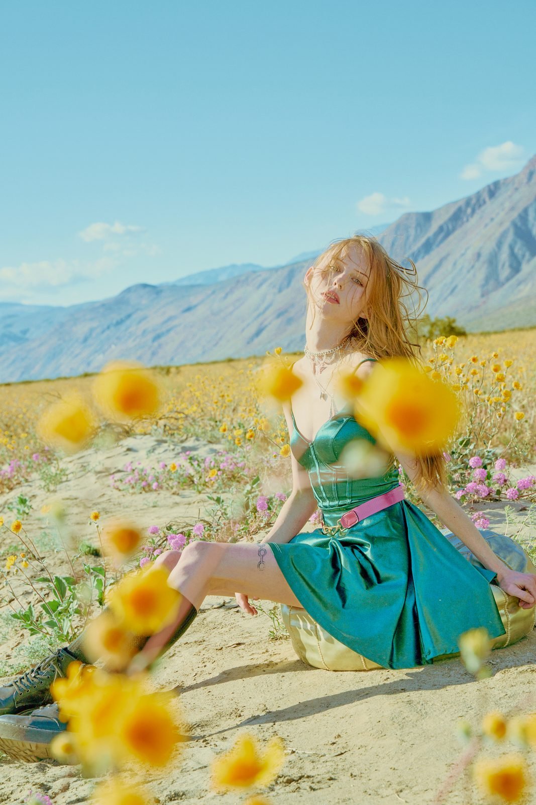 Green dress in the flowers