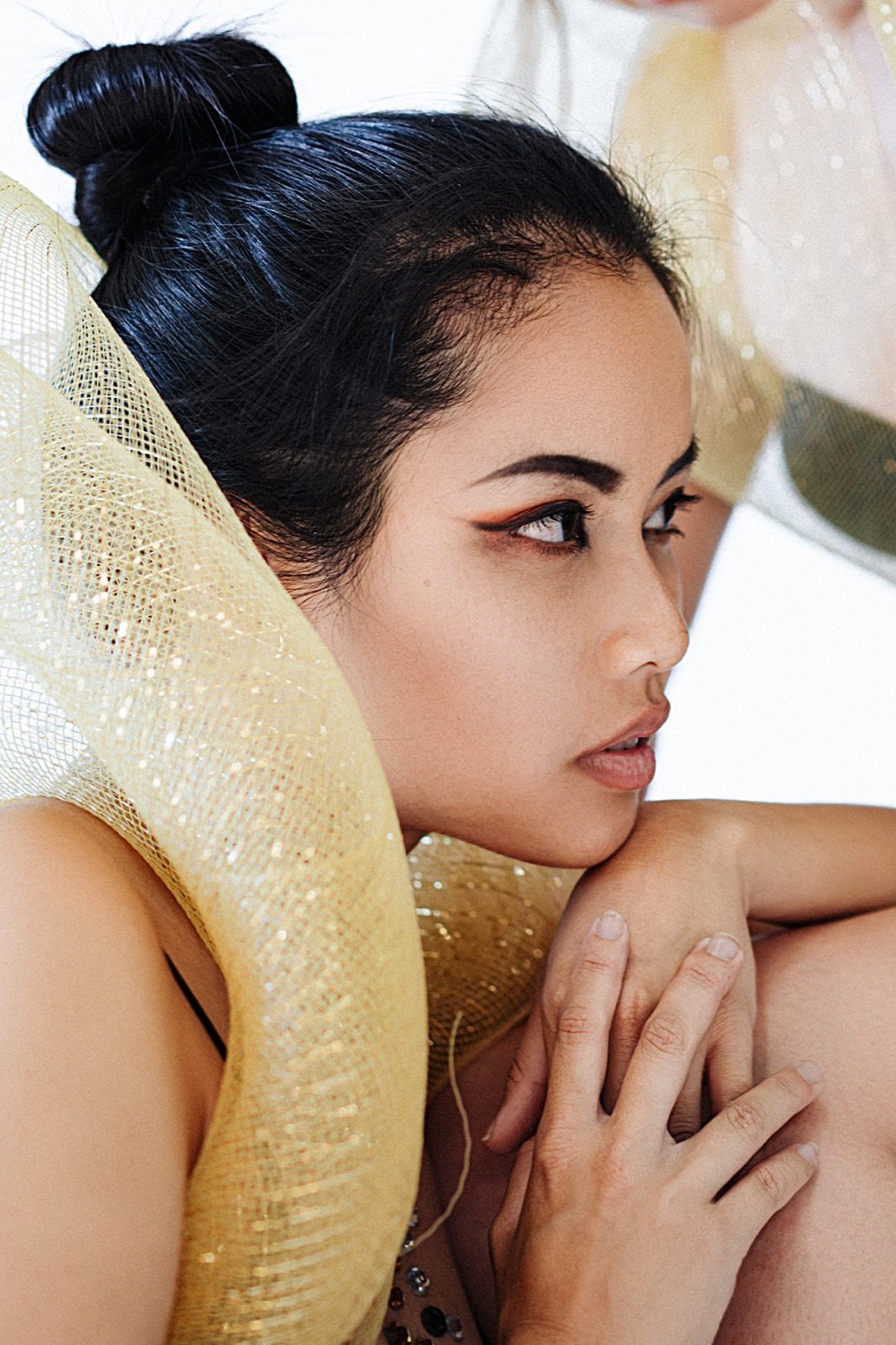 Gold tulle and a low bun