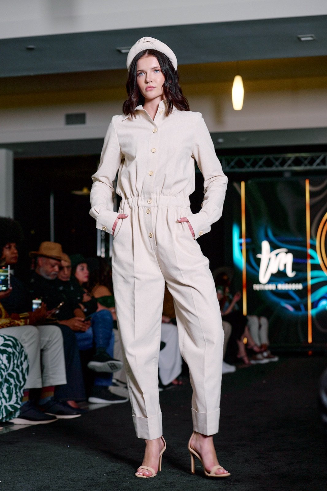 Cream jumpsuit and beret