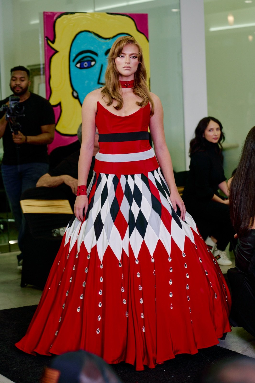 Red harlequin gown by a pop-art portrait