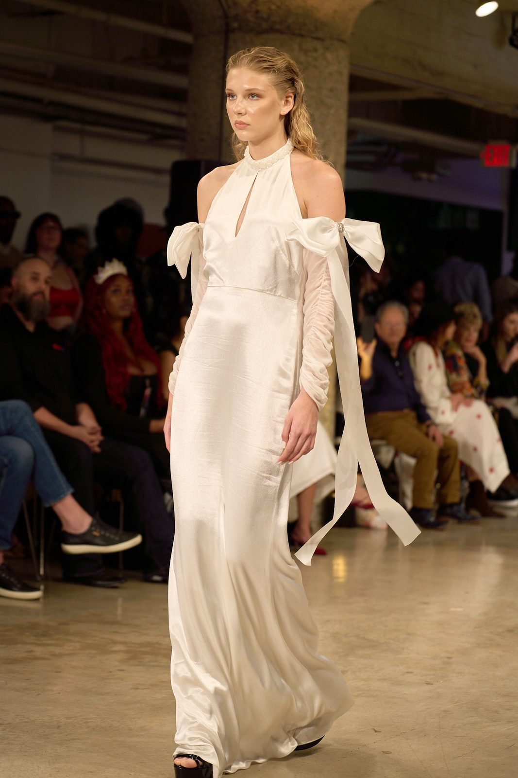 Ivory satin gown with bows