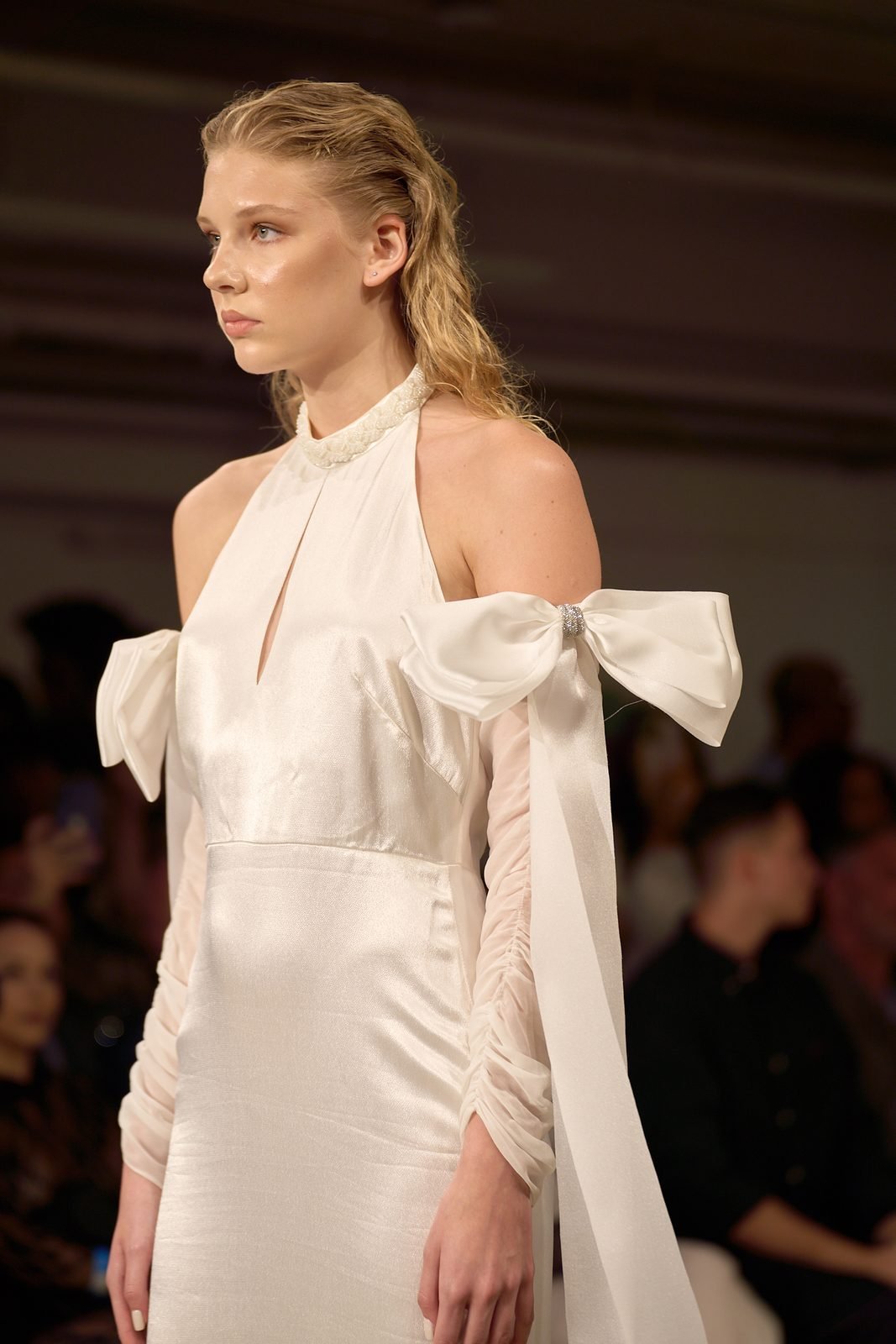 Ivory satin gown, close up