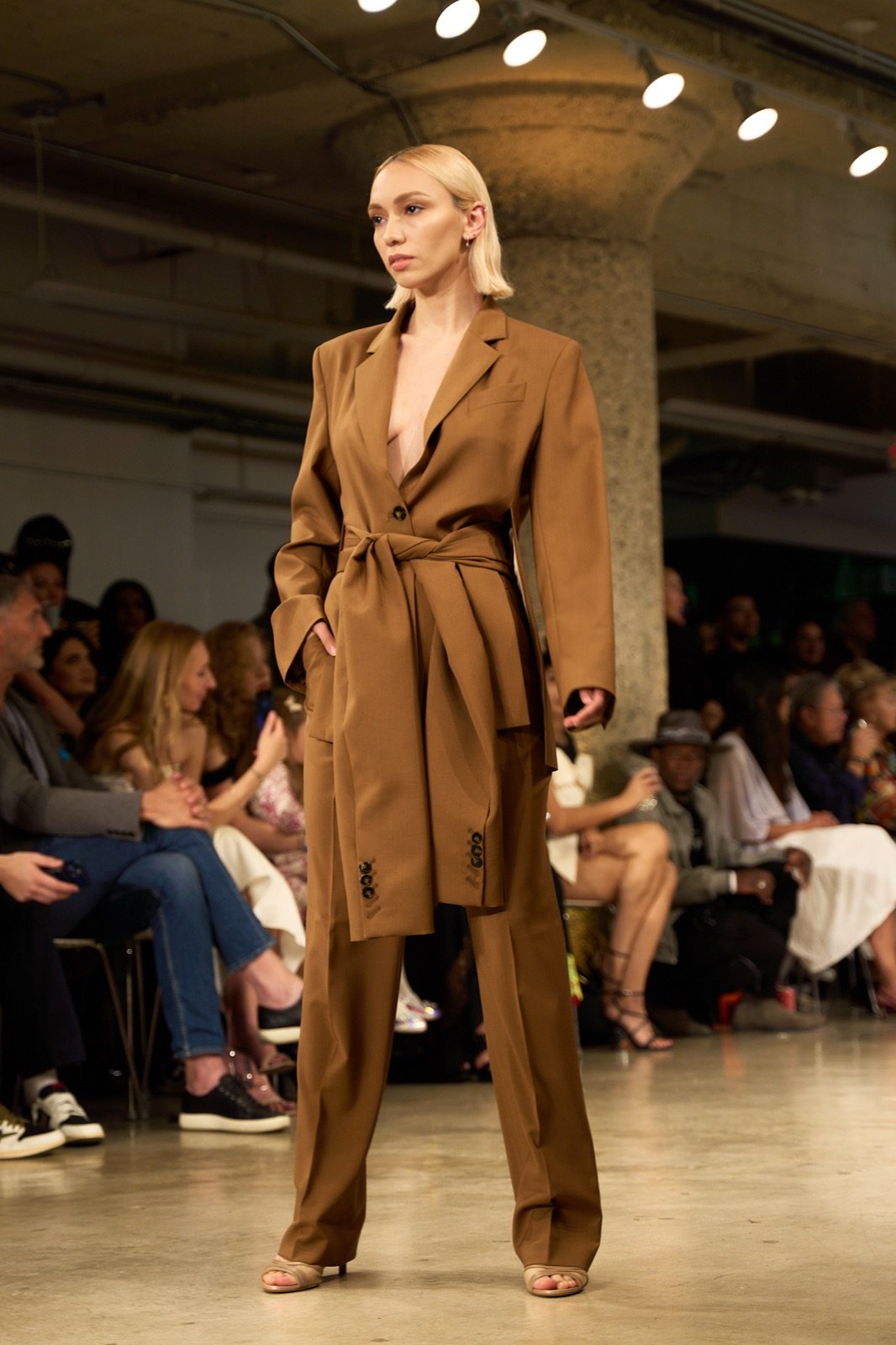 Belted camel trench suit