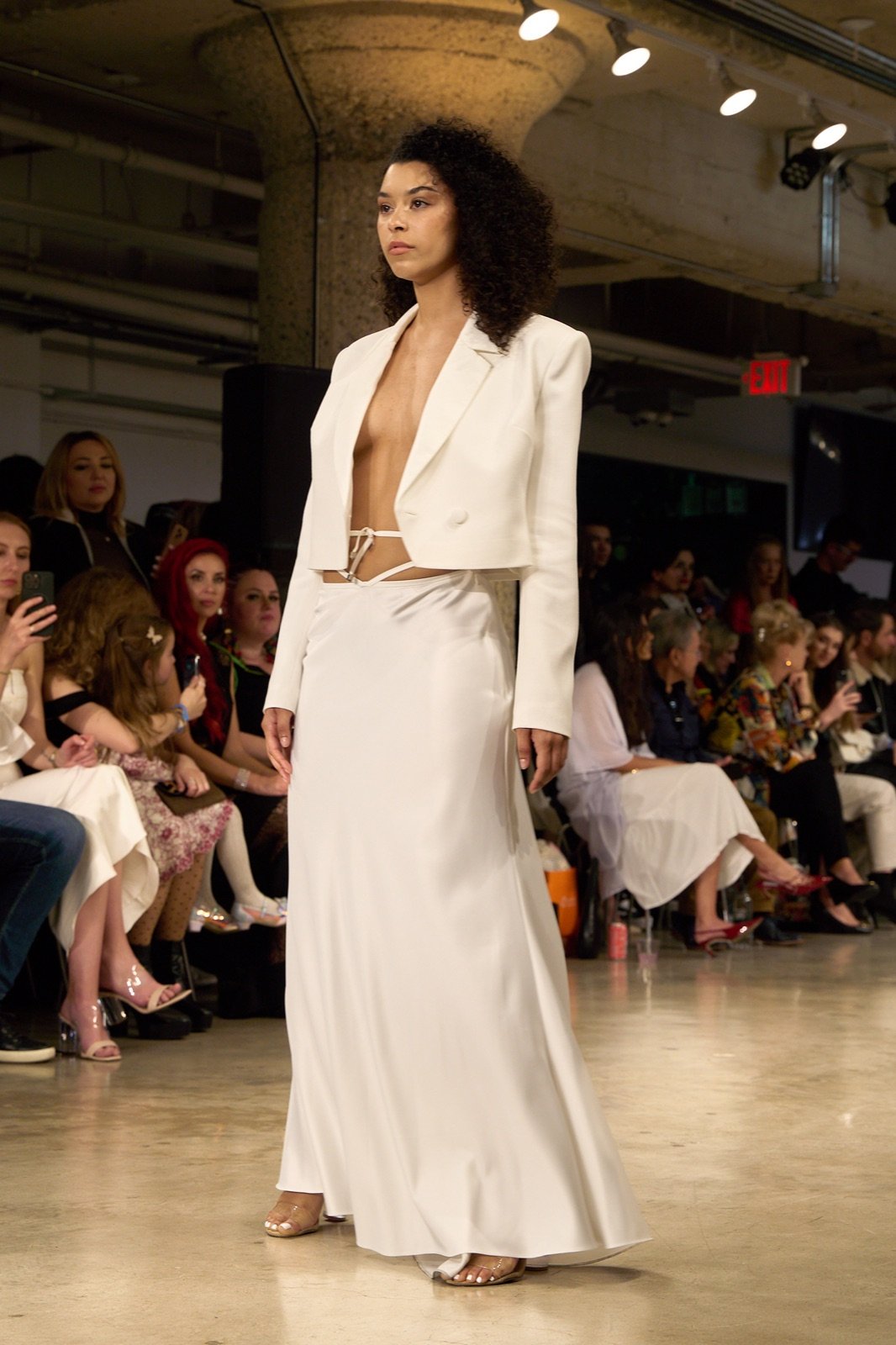 White cropped blazer and maxi skirt