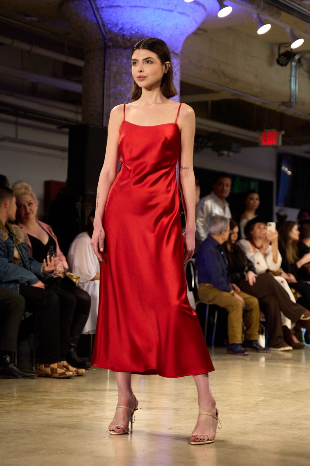 Red satin slip dress