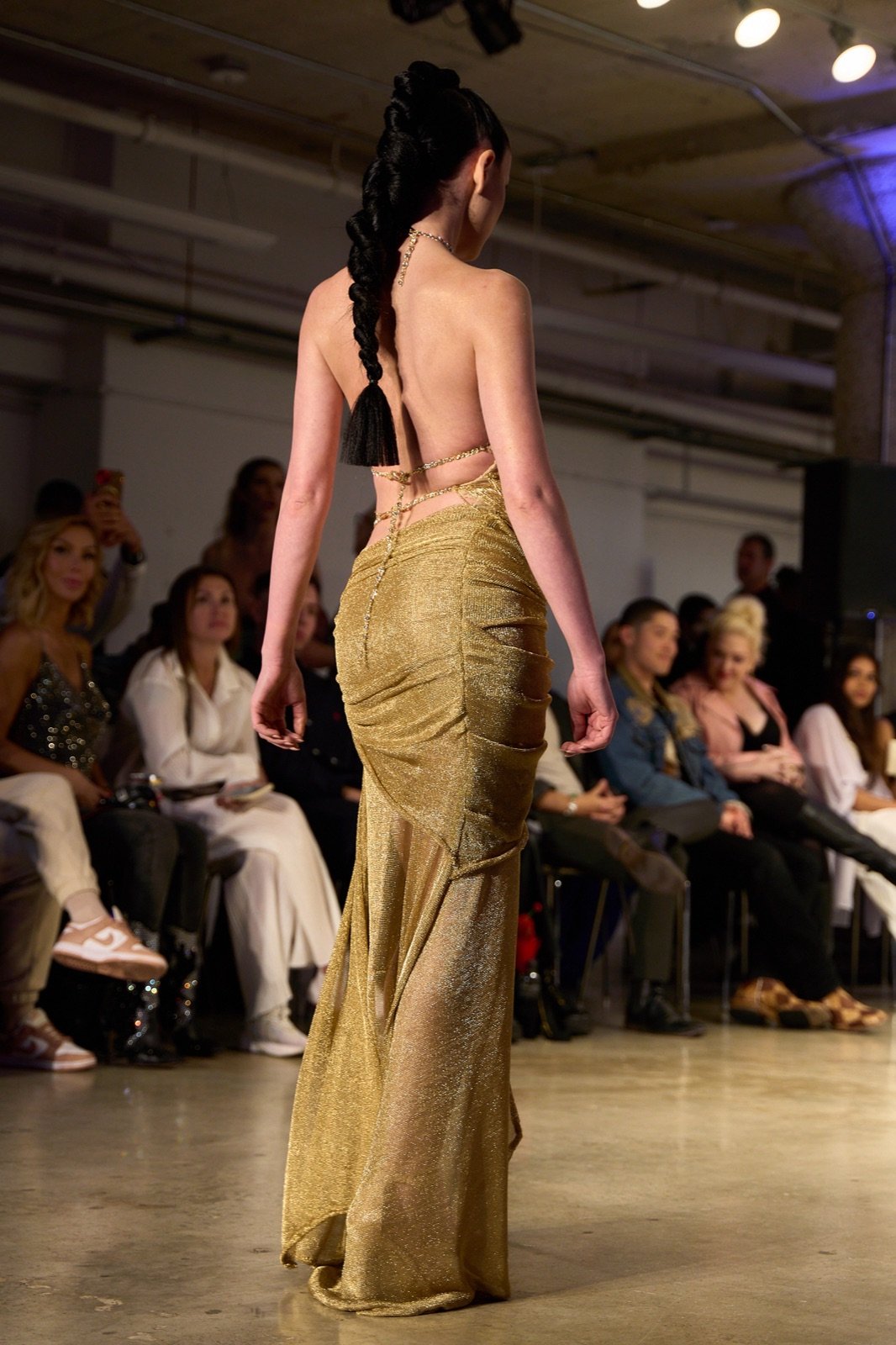 Gold lace-up gown from behind
