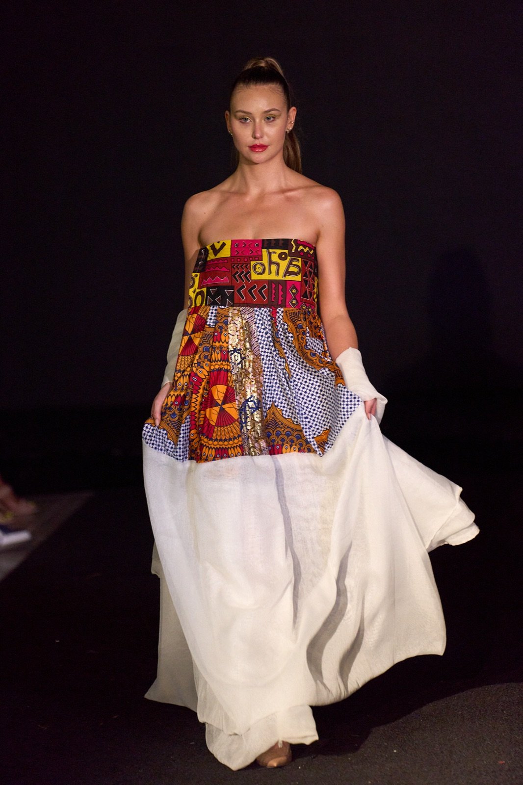 Wax-print bodice and white skirt