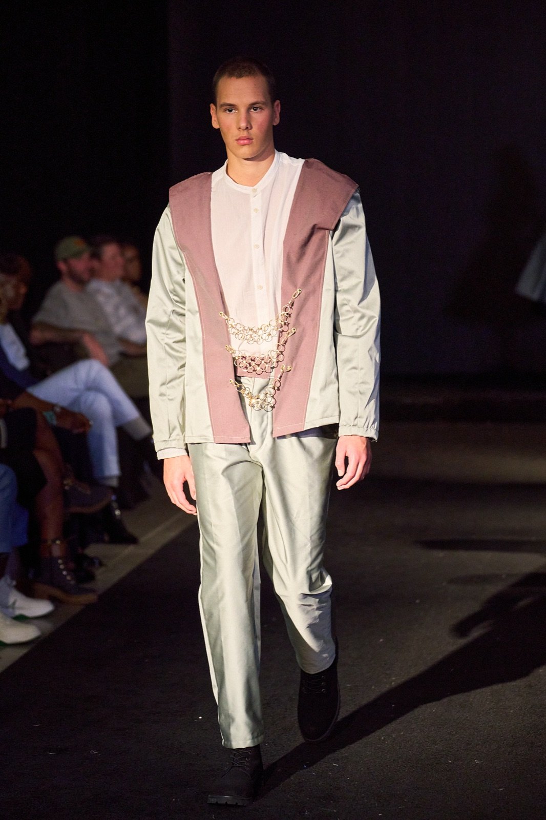Dusty pink vest over mint satin
