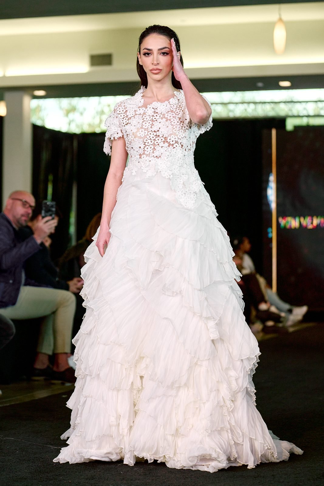 White lace and ruffle gown