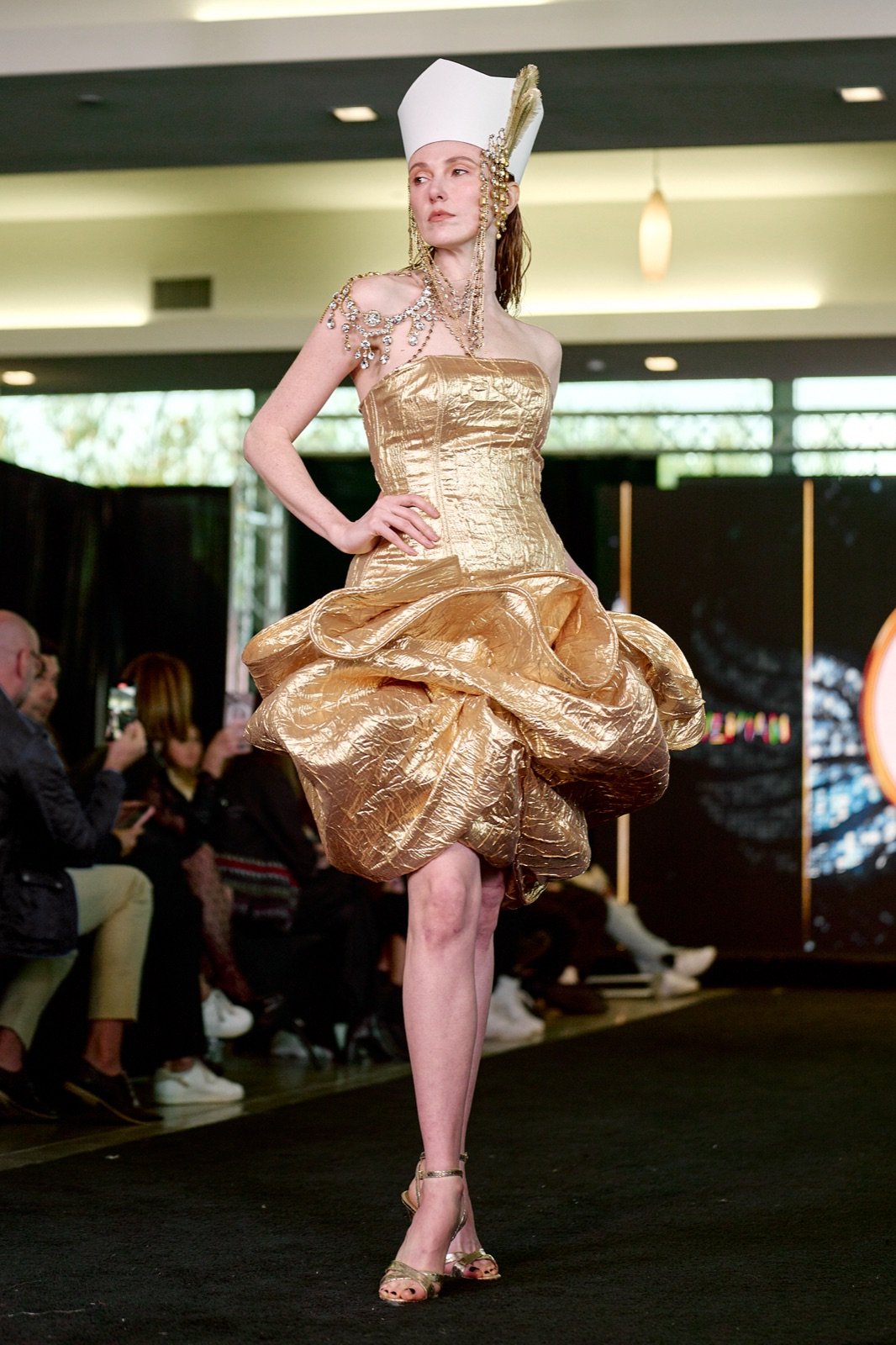 Gold ruched mini and headpiece