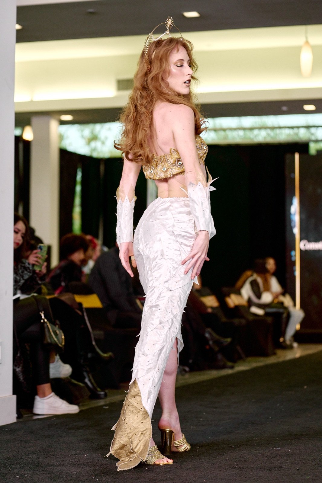 White and gold gown, from behind