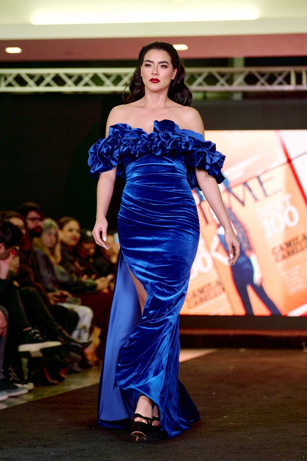 Blue velvet off-shoulder gown