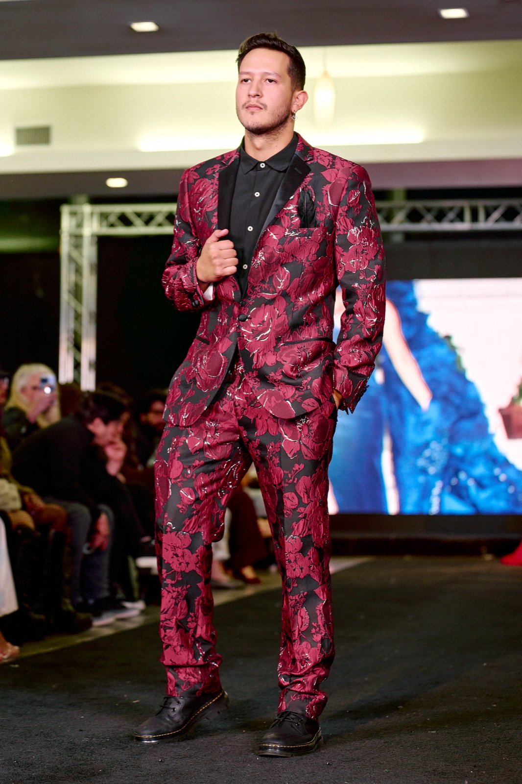 Red floral suit